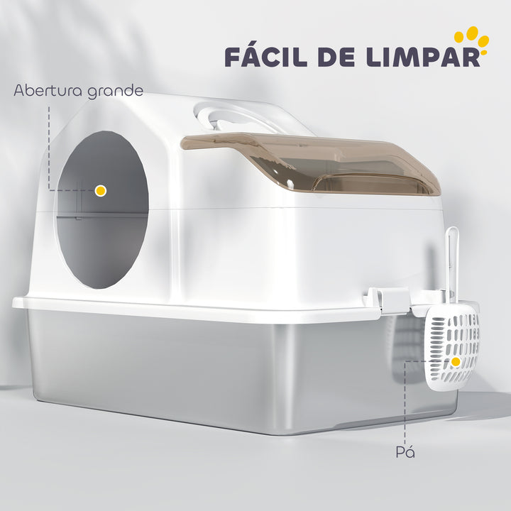 Caixa de Areia para Gatos Coberta Caixa de Areia Fechada com Bandeja de Aço Inoxidável Tampa Removível Bordos Altos Tapetes Pá sem Olor Fácil de Limpar para Gatos Grandes 60,5x40,5x42 cm Branco