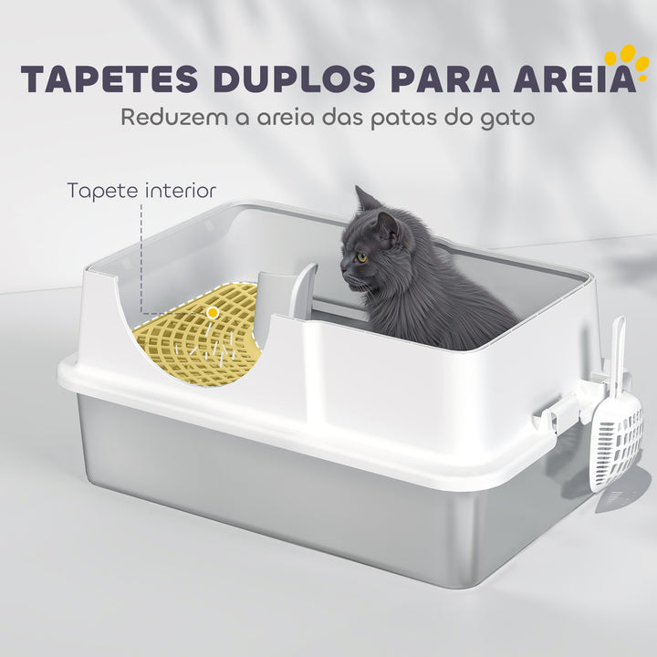 Caixa de Areia para Gatos Coberta Caixa de Areia Fechada com Bandeja de Aço Inoxidável Tampa Removível Bordos Altos Tapetes Pá sem Olor Fácil de Limpar para Gatos Grandes 60,5x40,5x42 cm Branco