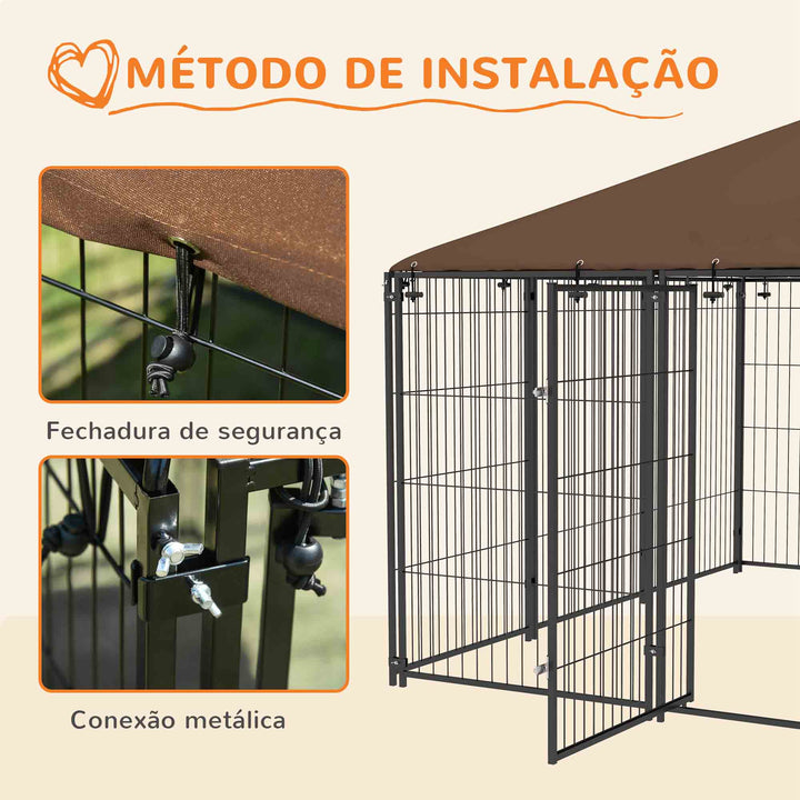 Parque para Cães com Toldo Canil para Exterior com Suporte Giratório para Comida 2 Tigelas Incluídas 211x211x151 cm Preto Marrom