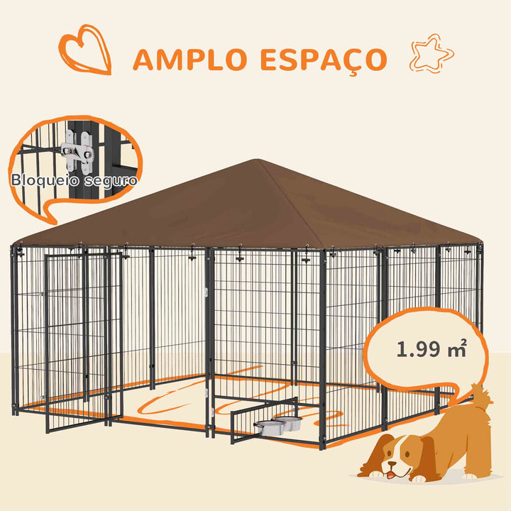 Parque para Cães com Toldo Canil para Exterior com Suporte Giratório para Comida 2 Tigelas Incluídas 211x211x151 cm Preto Marrom