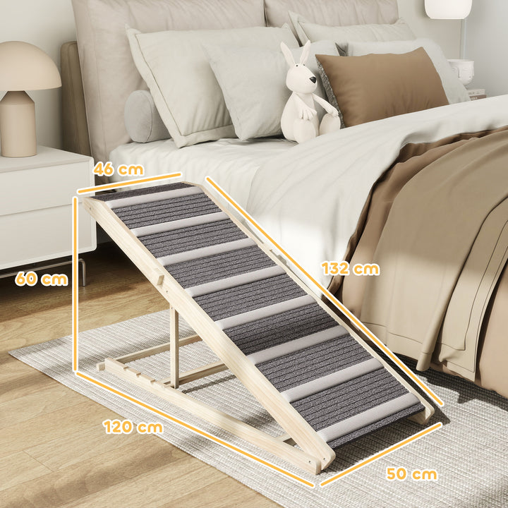 Rampa para Cães Dobrável e com Altura Ajustável 41-60 cm Rampa para Animais de Estimação de Madeira com Tapete Antiderrapante para Cães Pequenos Médios e Grandes 120x50x60 cm Madeira e Cinza