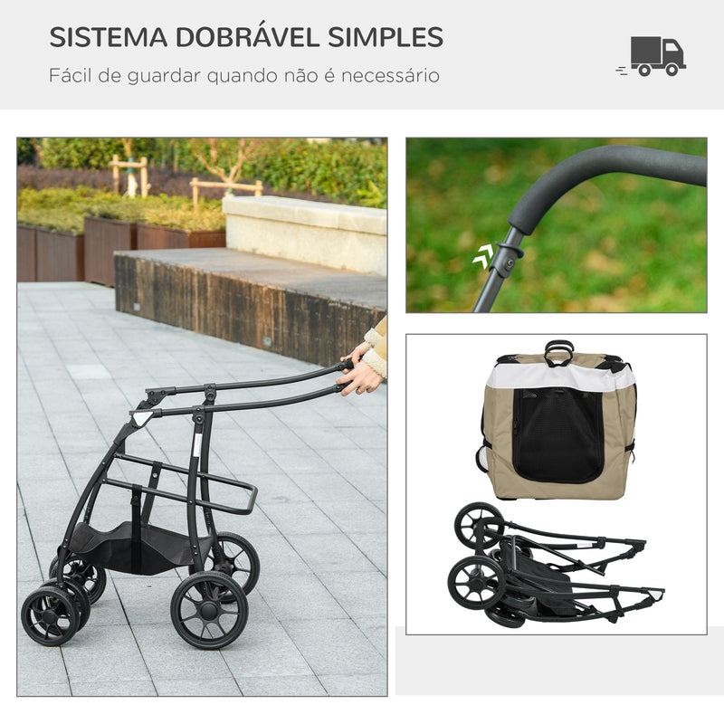 Carrinho para Animais de Estimação Carrinho para Cães Dobrável com Compartimento Desmontável 4 Portas com Fecho de Correr 2 Correias de Segurança e de Transporte 81x58x97,5 cm Cáqui