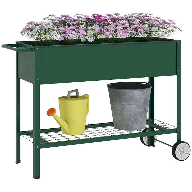 Horta Vertical Elevada de Metal Horta Vertical com Rodas Alça Lateral e Prateleira Inferior para Cultivo de Plantas Flores 109x44x80 cm Verde