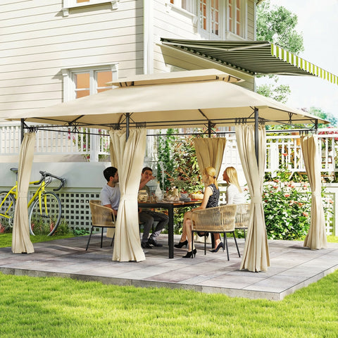 Pérgola de Jardim 397x297x265 cm Pérgola de Exterior com Teto Duplo Paredes Laterais Resistente a Água Pérgola para Pátio Bege