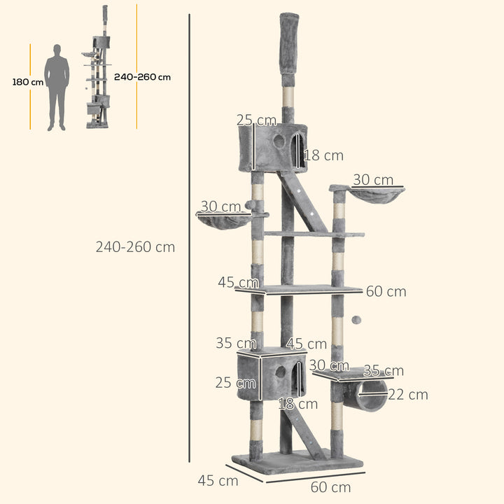 Arranhador para Gatos do Chão ao Teto de 240-260 cm Arranhador para Gatos com Altura Ajustável Múltiplas Plataformas Caverna e Rampas Cinza