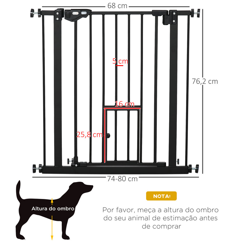 Barreira de Segurança para Cães Animais de Estimação 74-80cm para Escadas Portas e Corredor com Porta com Fechamento Automático e Sistema de Duplo Bloqueio Altura 76,2cm Preto