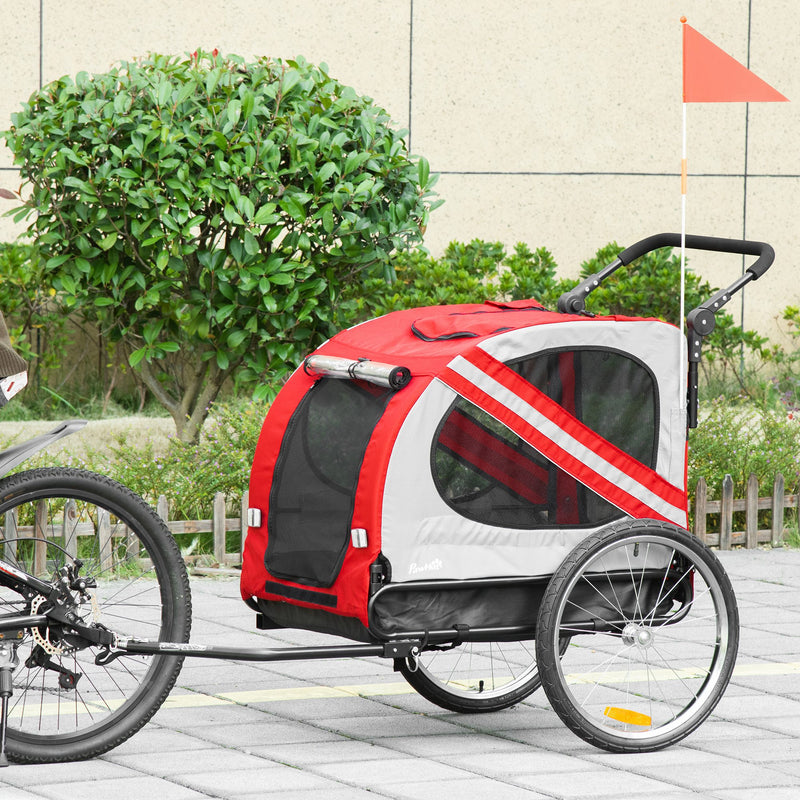 Reboque de Bicicleta para Cães 2 em 1 Transporte para Animais de Estimação com Porta Enrolável Janelas Cinto de Segurança Bandeira e 6 Refletores 140x72,5x108 cm Vermelho