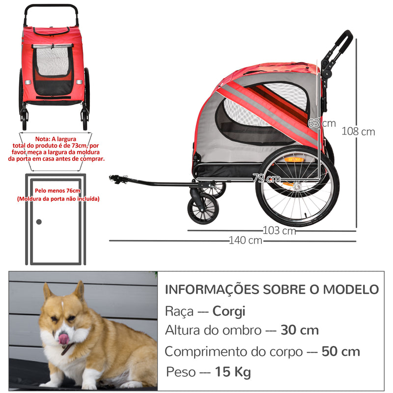 Reboque de Bicicleta para Cães 2 em 1 Transporte para Animais de Estimação com Porta Enrolável Janelas Cinto de Segurança Bandeira e 6 Refletores 140x72,5x108 cm Vermelho