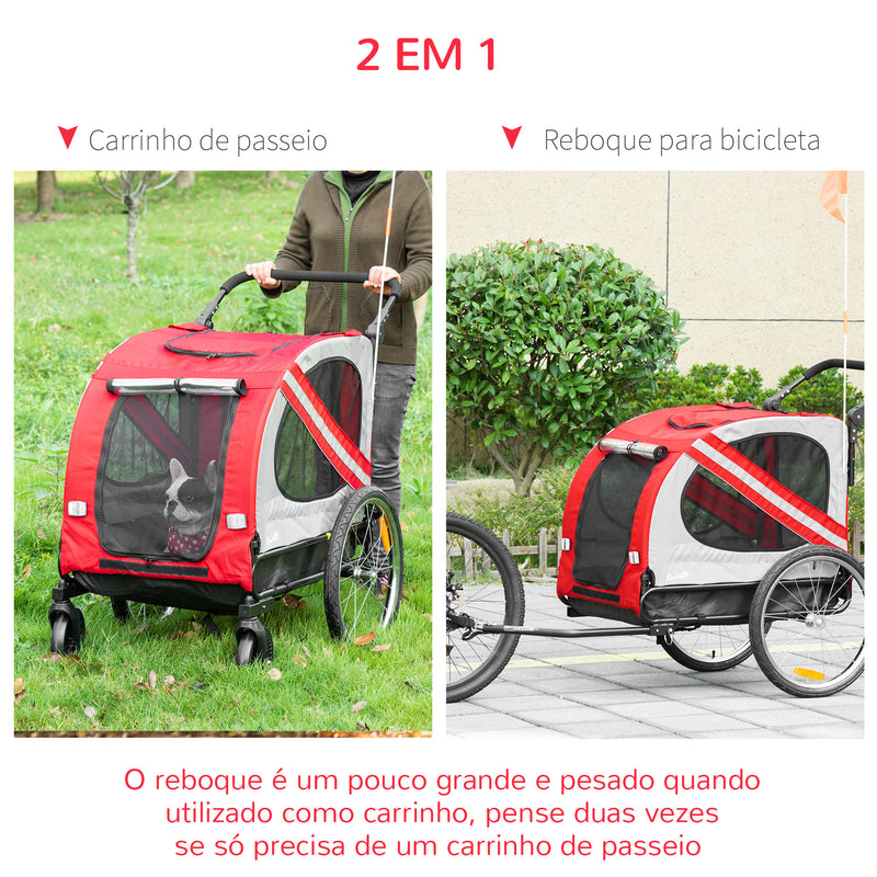 Reboque de Bicicleta para Cães 2 em 1 Transporte para Animais de Estimação com Porta Enrolável Janelas Cinto de Segurança Bandeira e 6 Refletores 140x72,5x108 cm Vermelho