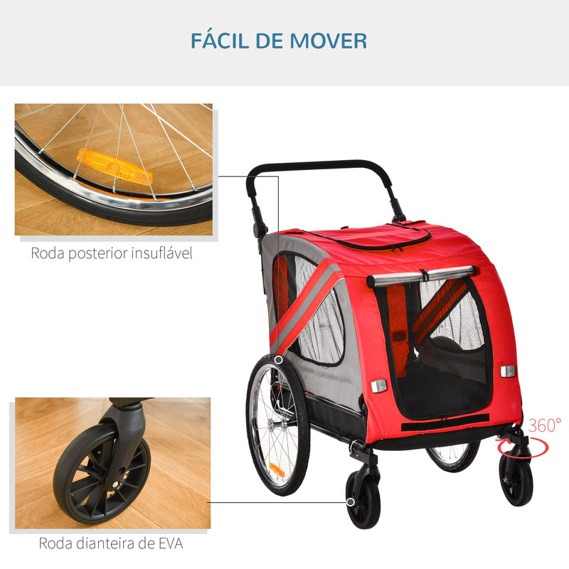 Reboque de Bicicleta para Cães 2 em 1 Transporte para Animais de Estimação com Porta Enrolável Janelas Cinto de Segurança Bandeira e 6 Refletores 140x72,5x108 cm Vermelho