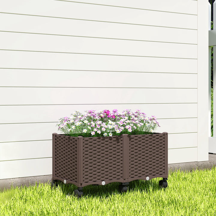 Floreira Elevada com 6 Rodas Floreira Móvel em Plástico com Autorrega e Drenagem Floreira para Cultivo Plantas Jardim Terraço 80x40x43 cm Castanho
