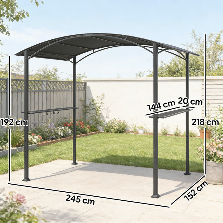 Toldo para Jardim 2,4 x 1,5 m Estrutura de Aço com 2 Prateleiras Laterais Telhado Resistente às Intempéries Ganchos para Jardim Terraço Exterior Camping e BBQ Cinzento Escuro