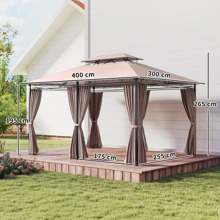 Pérgola de Jardim 3x4 m Pérgola de Exterior com Paredes Laterais Teto Duplo 6 Portas com Fecho de Correr e 8 Orifícios de Drenagem para Pátio Jardim Marrom
