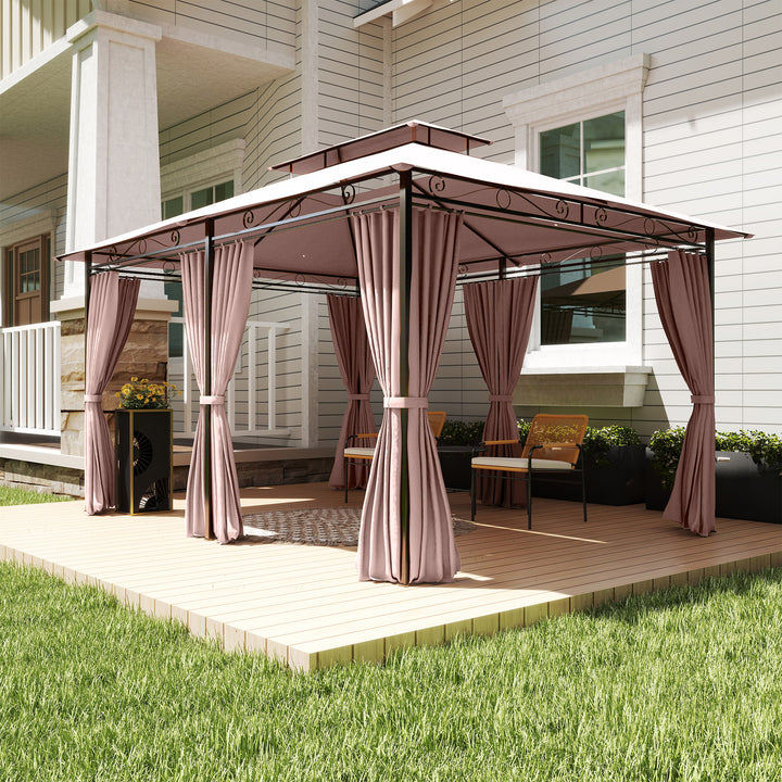 Pérgola de Jardim 3x4 m Pérgola de Exterior com Paredes Laterais Teto Duplo 6 Portas com Fecho de Correr e 8 Orifícios de Drenagem para Pátio Jardim Marrom