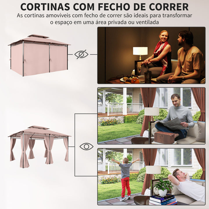 Pérgola de Jardim 3x4 m Pérgola de Exterior com Paredes Laterais Teto Duplo 6 Portas com Fecho de Correr e 8 Orifícios de Drenagem para Pátio Jardim Marrom
