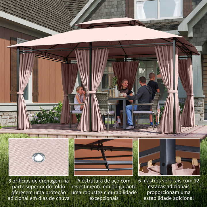 Pérgola de Jardim 3x4 m Pérgola de Exterior com Paredes Laterais Teto Duplo 6 Portas com Fecho de Correr e 8 Orifícios de Drenagem para Pátio Jardim Marrom