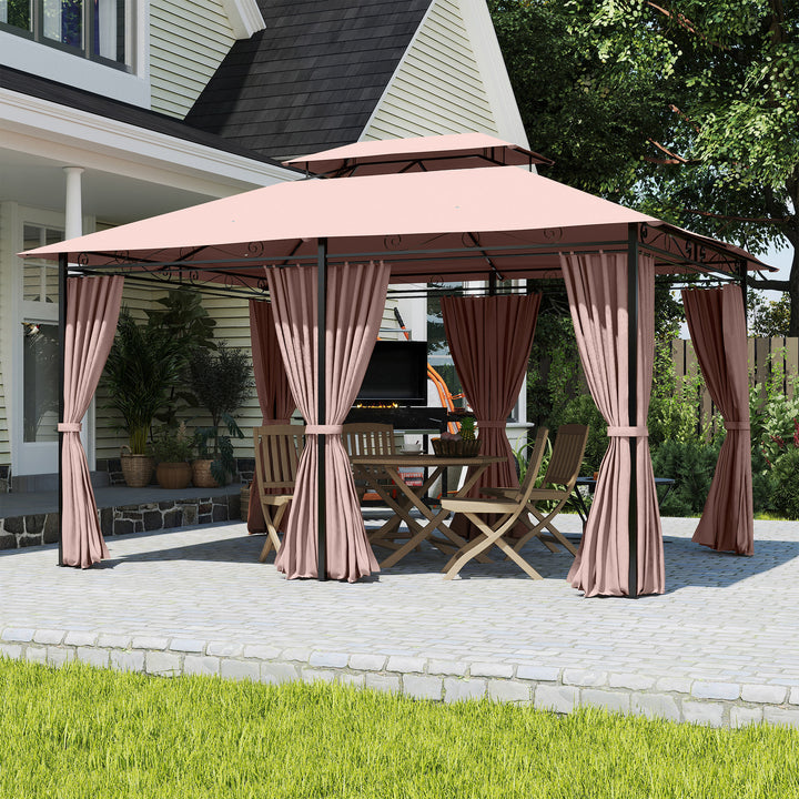 Pérgola de Jardim 3x4 m Pérgola de Exterior com Paredes Laterais Teto Duplo 6 Portas com Fecho de Correr e 8 Orifícios de Drenagem para Pátio Jardim Marrom