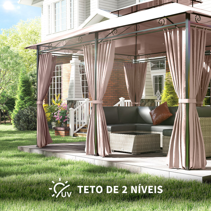 Pérgola de Jardim 3x4 m Pérgola de Exterior com Paredes Laterais Teto Duplo 6 Portas com Fecho de Correr e 8 Orifícios de Drenagem para Pátio Jardim Marrom