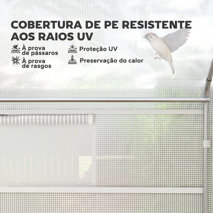 Estufa tipo Túnel 4x3x2 m Estufa de Exterior com 2 Janelas Cobertura PE Anti UV e 1 Porta de Enrolar com Fecho de Correr Estufa para Jardim Pátio Branco