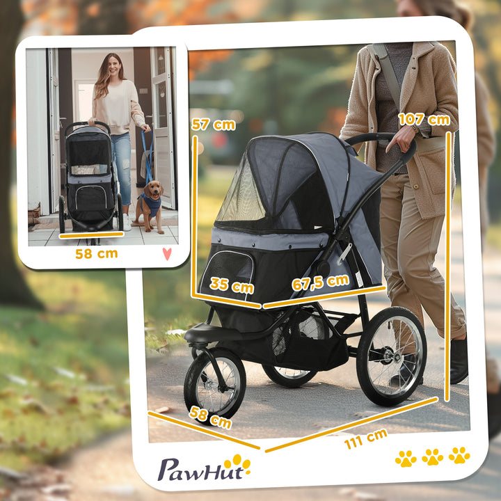 Carrinho para Cães Dobrável Carrinho para Animais de Estimação Carrinho para Cães Médios e Pequenos com Cesta de Armazenamento Capota Ajustável Janela de Malha e 3 Rodas Grandes 111x58x107 cm Cinza