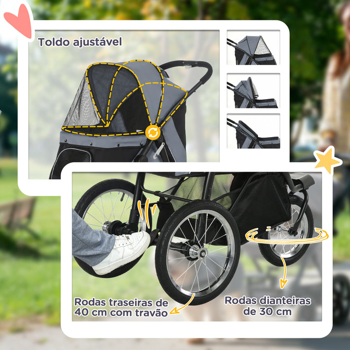 Carrinho para Cães Dobrável Carrinho para Animais de Estimação Carrinho para Cães Médios e Pequenos com Cesta de Armazenamento Capota Ajustável Janela de Malha e 3 Rodas Grandes 111x58x107 cm Cinza