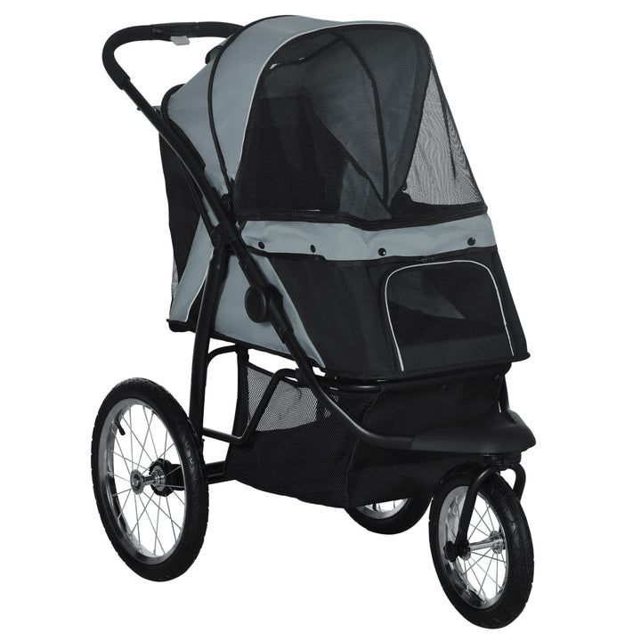 Carrinho para Cães Dobrável Carrinho para Animais de Estimação Carrinho para Cães Médios e Pequenos com Cesta de Armazenamento Capota Ajustável Janela de Malha e 3 Rodas Grandes 111x58x107 cm Cinza