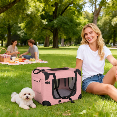 Transportadora Dobrável para Cães 60x41,5x41 cm com Janelas de Rede Almofada Macia e 2 Alças Bolsa para Mini Cães e Gatos Rosa