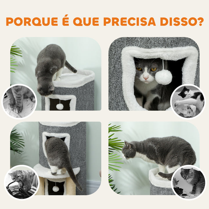 Arranhador para Gatos com Cama 2 Cavernas Postes de Sisal Tapete de Arranhar e Bolas para Brincar 50x36x76 cm Cinzento