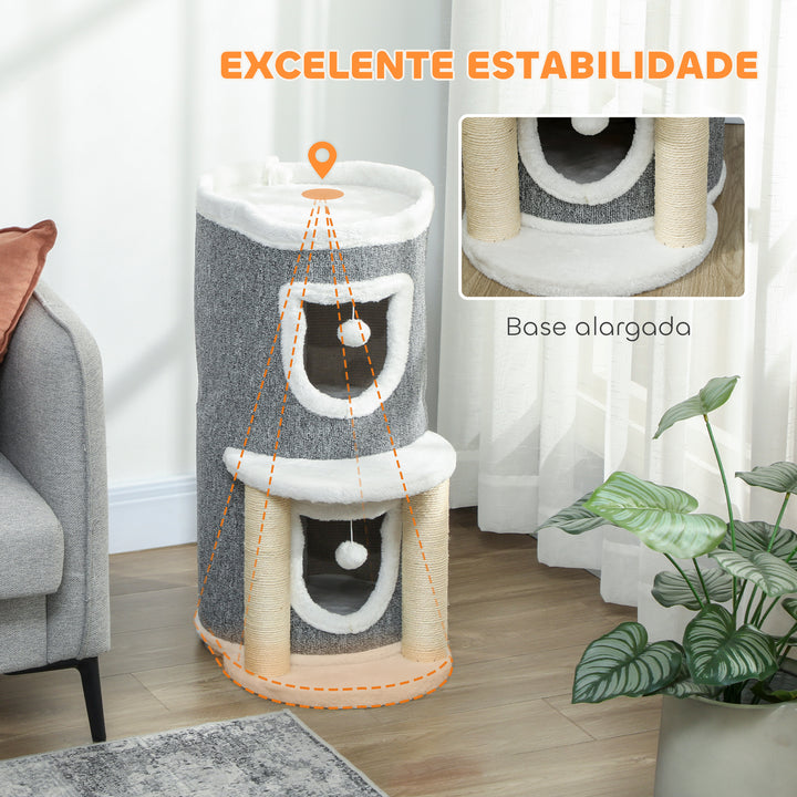 Arranhador para Gatos com Cama 2 Cavernas Postes de Sisal Tapete de Arranhar e Bolas para Brincar 50x36x76 cm Cinzento