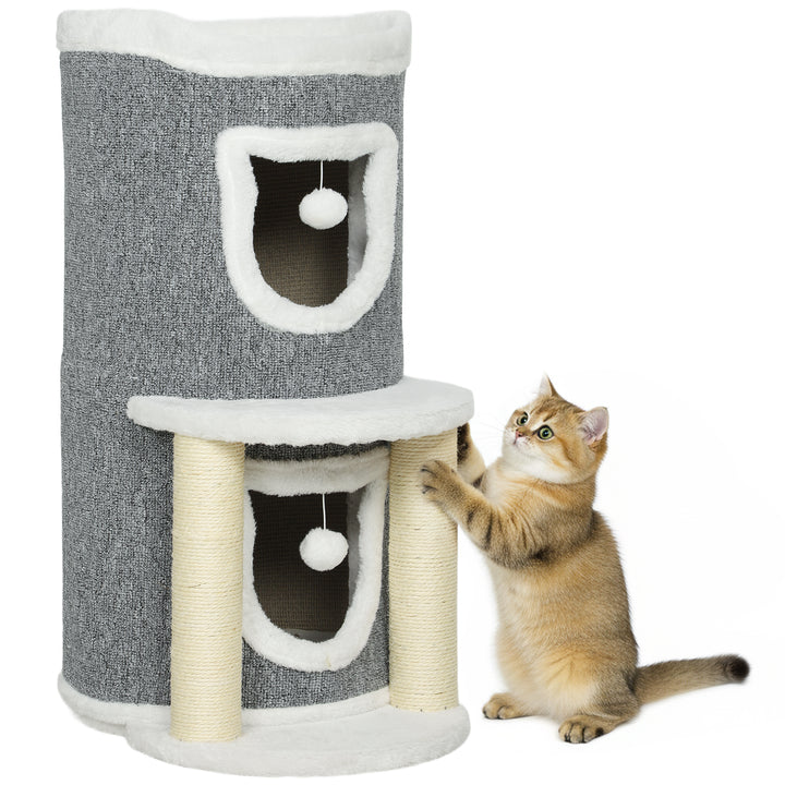 Arranhador para Gatos com Cama 2 Cavernas Postes de Sisal Tapete de Arranhar e Bolas para Brincar 50x36x76 cm Cinzento