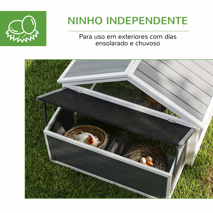 Galinheiro de Madeira Galinheiro de Exterior Espaçoso de 2 Andares para 4-8 Galinhas com Teto Abatível Cercado Portas com Fechadura e Caixa Ninho 240x112,5x76 cm branco e Cinza