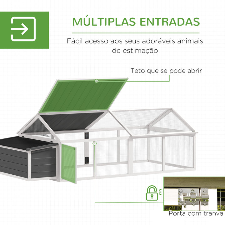 Galinheiro de Madeira Galinheiro de Exterior Espaçoso de 2 Andares para 4-8 Galinhas com Teto Abatível Cercado Portas com Fechadura e Caixa Ninho 240x112,5x76 cm branco e Cinza