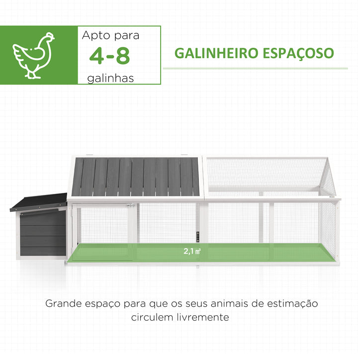 Galinheiro de Madeira Galinheiro de Exterior Espaçoso de 2 Andares para 4-8 Galinhas com Teto Abatível Cercado Portas com Fechadura e Caixa Ninho 240x112,5x76 cm branco e Cinza