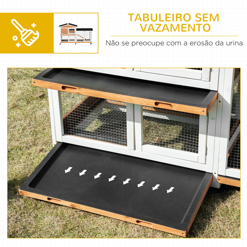 Coelheira de Madeira 157,4x53x99,5 cm Gaiola para Coelhos Grande com Rodas Telhado Asfáltico Tabuleiro Removível e Rampa para Exterior Natural