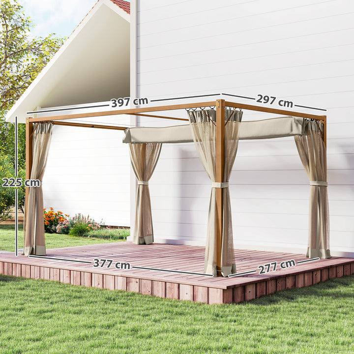 Pérgola de Jardim 4x3 m Pérgola para Exterior com Teto Retrátil Mosquiteiros Laterais de Malha e Estrutura de Alumínio para Terraço Pátio Natural