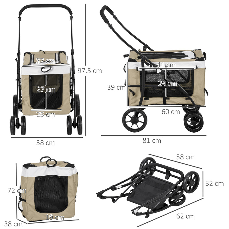 Carrinho para Animais de Estimação Carrinho para Cães Dobrável com Compartimento Desmontável 4 Portas com Fecho de Correr 2 Correias de Segurança e de Transporte 81x58x97,5 cm Cáqui