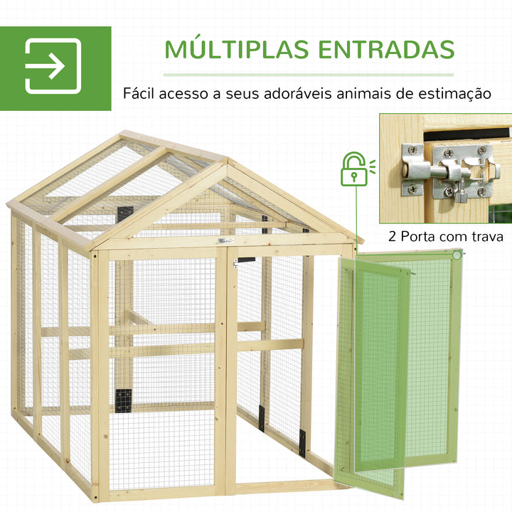 Galinheiro para Exterior 140x88,5x106 cm Galinheiro para 1-3 Galinhas com 3 Poleiros Estrutura de Madeira e 2 Portas com Fechadura para Pátio Madeira Clara