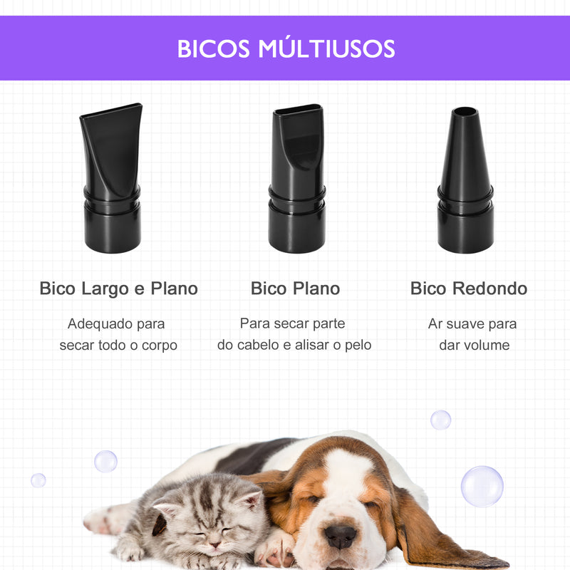 Secado de Pelo para Cães 2800W Secador de Pelo para Animais de Estimação com Temperatura e Velocidade Ajustável 3 Bicos Tubo Flexível 2,1m e Alça de Transporte 40x16x20cm Roxo