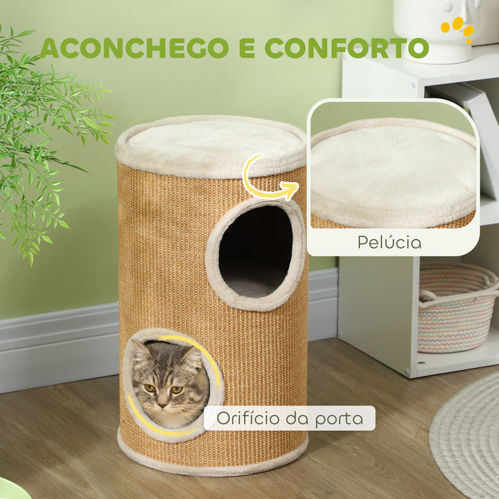 Barril Arranhador para Gatos 60 cm de Altura Tonel de Escalada com 2 Cavernas e Cobertura de Sisal Arranhador para Gatos Ø35x60 cm Marrom e Bege