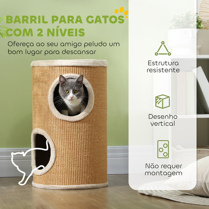 Barril Arranhador para Gatos 60 cm de Altura Tonel de Escalada com 2 Cavernas e Cobertura de Sisal Arranhador para Gatos Ø35x60 cm Marrom e Bege
