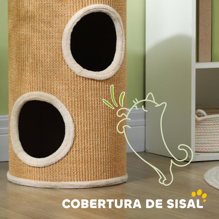 Barril Arranhador para Gatos 60 cm de Altura Tonel de Escalada com 2 Cavernas e Cobertura de Sisal Arranhador para Gatos Ø35x60 cm Marrom e Bege