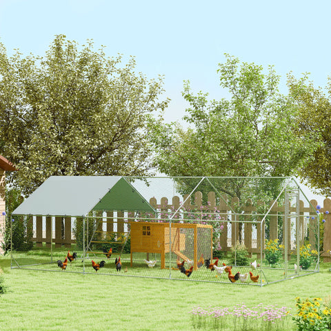 Galinheiro para Exterior 3x6 m Galinheiro de Aço Galvanizado com Comedouro Suspenso Tipo Espeto Poleiro Cobertura Anti-UV e Impermeável para Coelhos Patos Gansos Prata