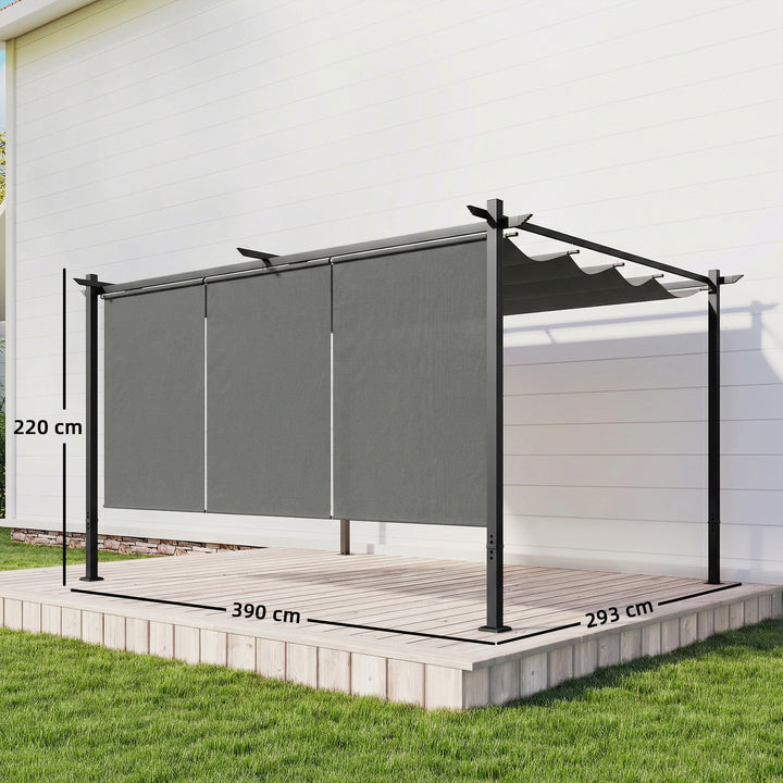 Pérgola com Teto Retrátil Pérgola de 390x293x220 cm Pérgola de Parede ou Independente com Lados Enroláveis Proteção UV30+ Pérgola para Jardim Patio Exterior Cinzento