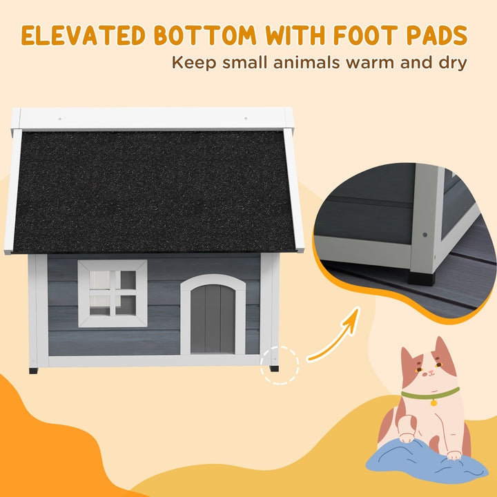 Casa para Gatos de Madeira Abrigo para Gatos com Telhado Asfáltico Rebatível Janela e Portas com Cortina Refúgio para Animais de Estimação para Exterior 77x57,5x68 cm Cinzento e Preto
