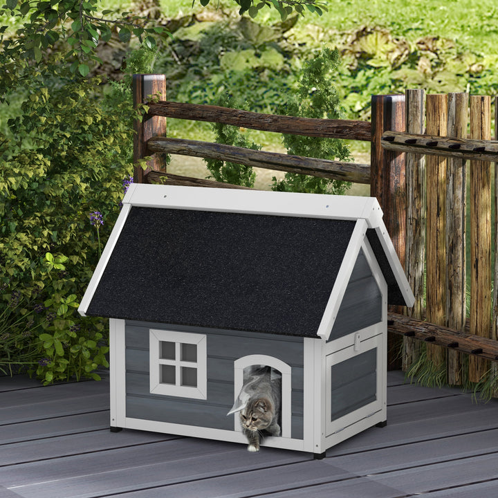 Casa para Gatos de Madeira Abrigo para Gatos com Telhado Asfáltico Rebatível Janela e Portas com Cortina Refúgio para Animais de Estimação para Exterior 77x57,5x68 cm Cinzento e Preto