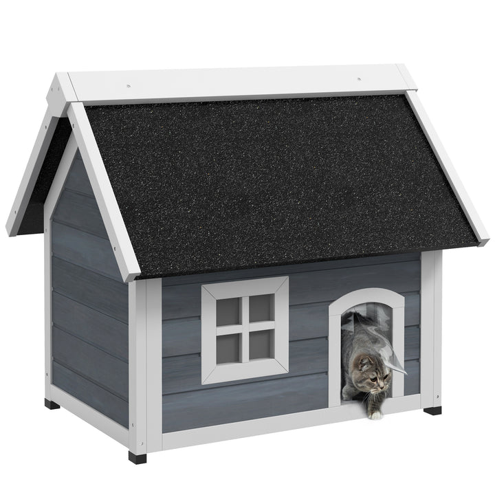 Casa para Gatos de Madeira Abrigo para Gatos com Telhado Asfáltico Rebatível Janela e Portas com Cortina Refúgio para Animais de Estimação para Exterior 77x57,5x68 cm Cinzento e Preto
