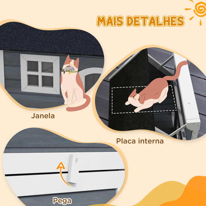 Casa para Gatos de Madeira Abrigo para Gatos com Telhado Asfáltico Rebatível Janela e Portas com Cortina Refúgio para Animais de Estimação para Exterior 77x57,5x68 cm Cinzento e Preto