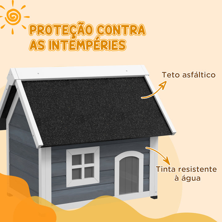 Casa para Gatos de Madeira Abrigo para Gatos com Telhado Asfáltico Rebatível Janela e Portas com Cortina Refúgio para Animais de Estimação para Exterior 77x57,5x68 cm Cinzento e Preto