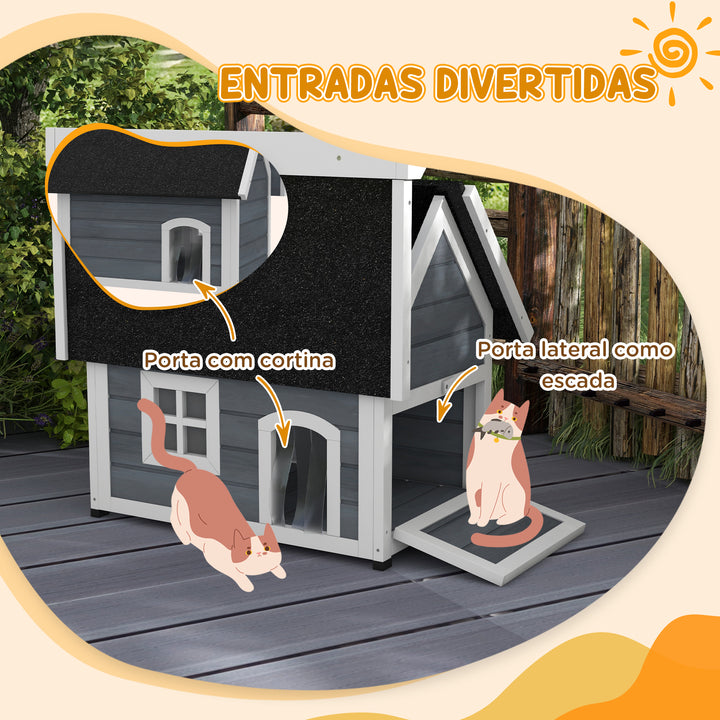 Casa para Gatos de Madeira Abrigo para Gatos com Telhado Asfáltico Rebatível Janela e Portas com Cortina Refúgio para Animais de Estimação para Exterior 77x57,5x68 cm Cinzento e Preto