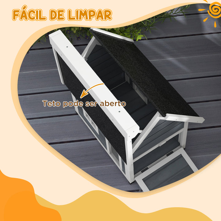 Casa para Gatos de Madeira Abrigo para Gatos com Telhado Asfáltico Rebatível Janela e Portas com Cortina Refúgio para Animais de Estimação para Exterior 77x57,5x68 cm Cinzento e Preto